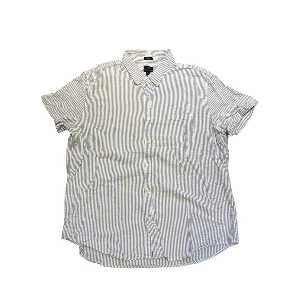 J Crew Seersucker Shirt Men's Size‎ XXL Slim Fit Blue White Striped Short Sleeve